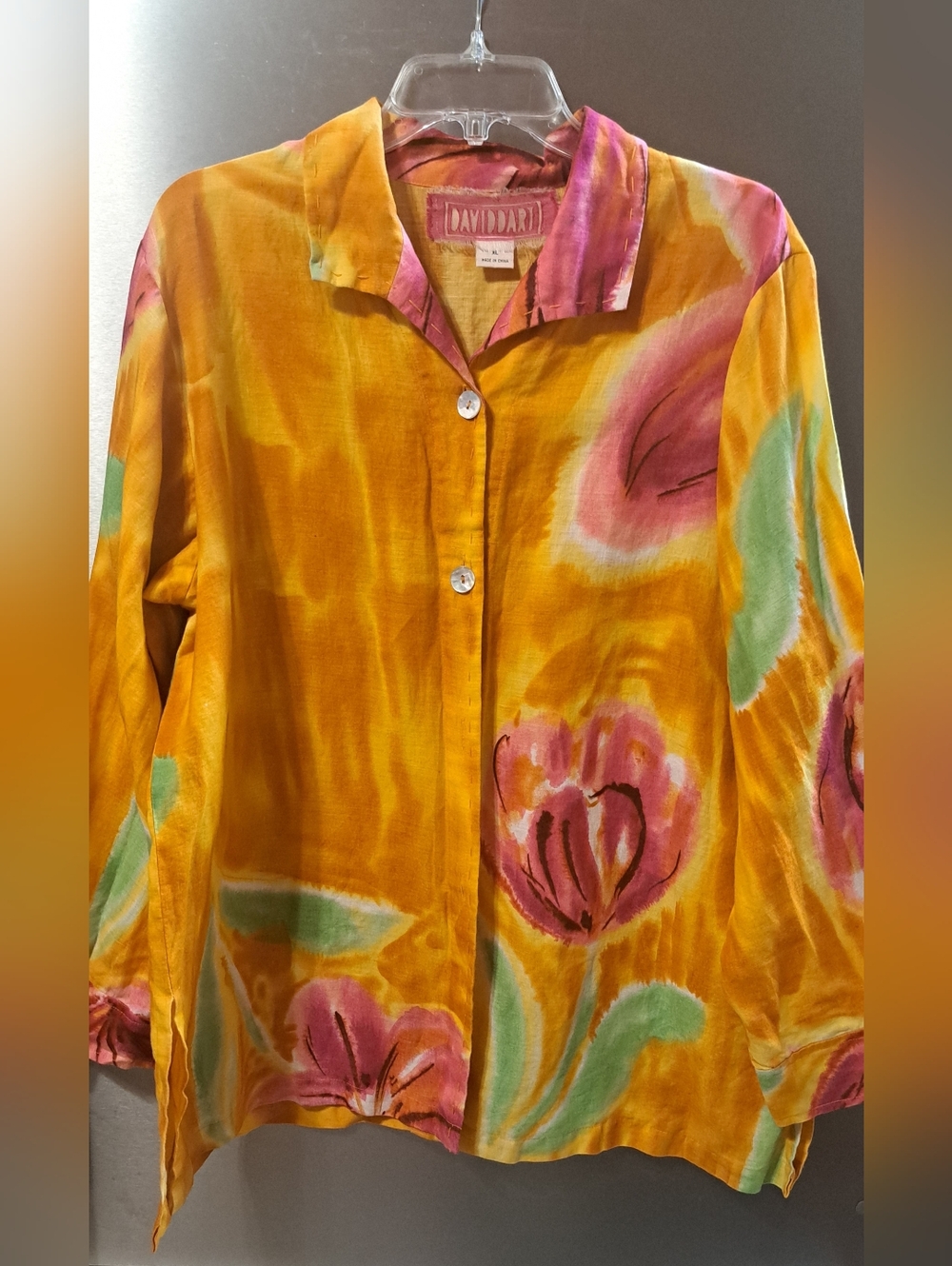 Vtg David Dart Tie Dye Floral Blouse Top 100% Linen Blouse Art To Wear  XL